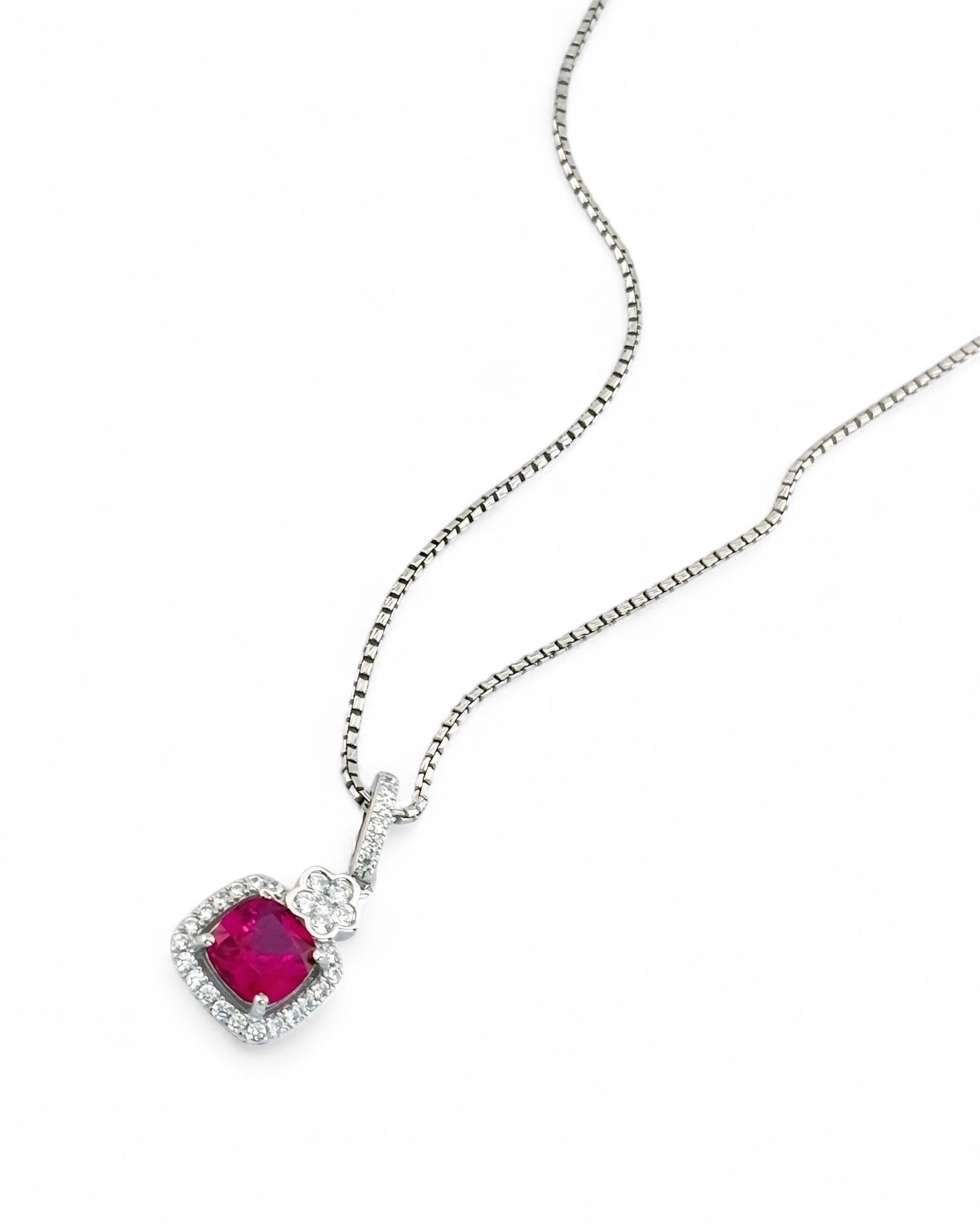 Silver Necklace With Clear Cubic Flower Gem(Red) - Zilara Store