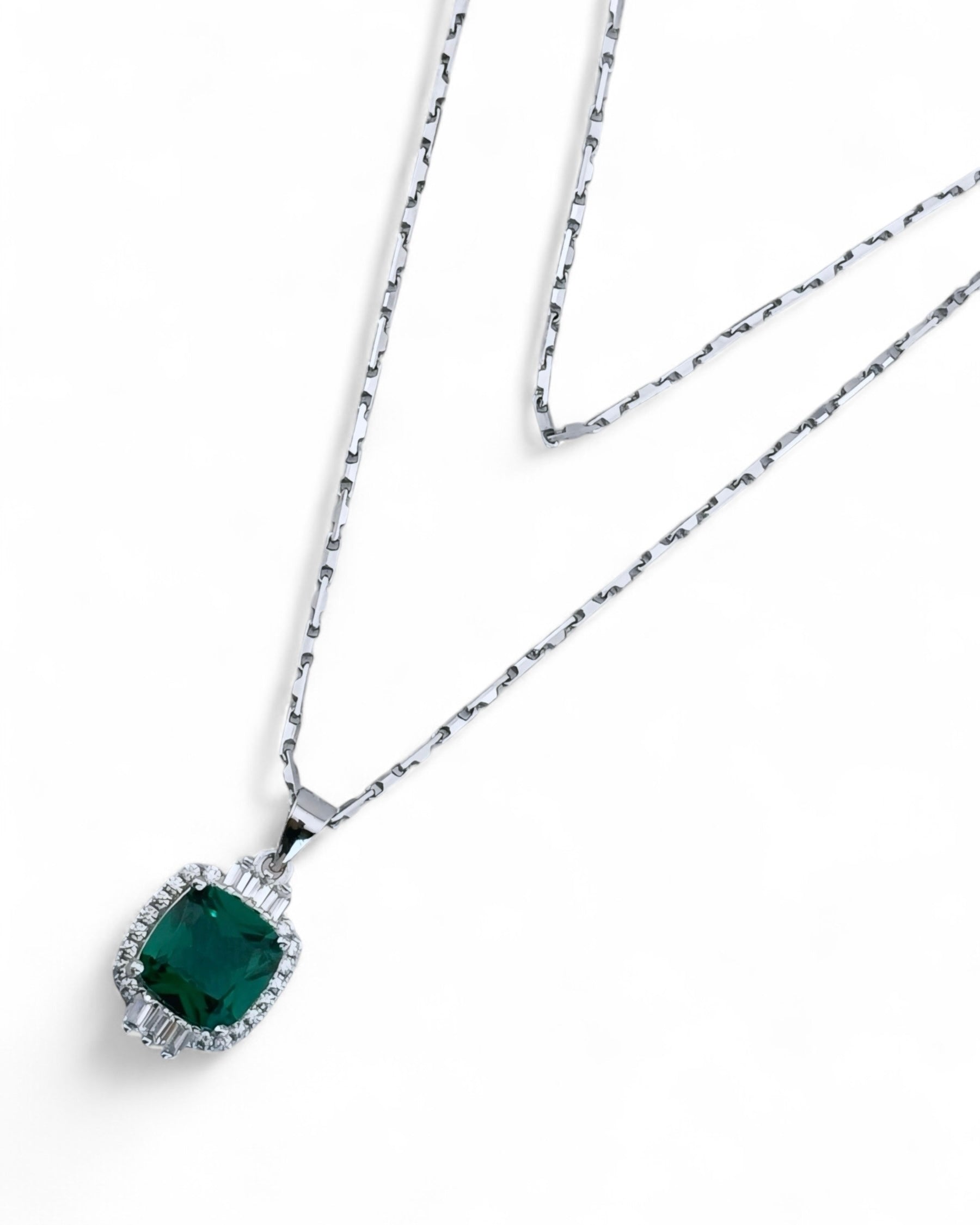 Silver Necklace With Clear Cubic Tri Bar Gem(Green) - Zilara Store